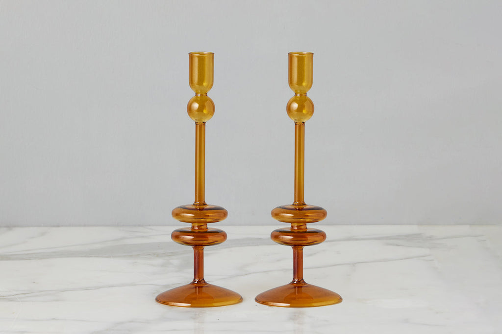 Amber Glass Candlestick Pair