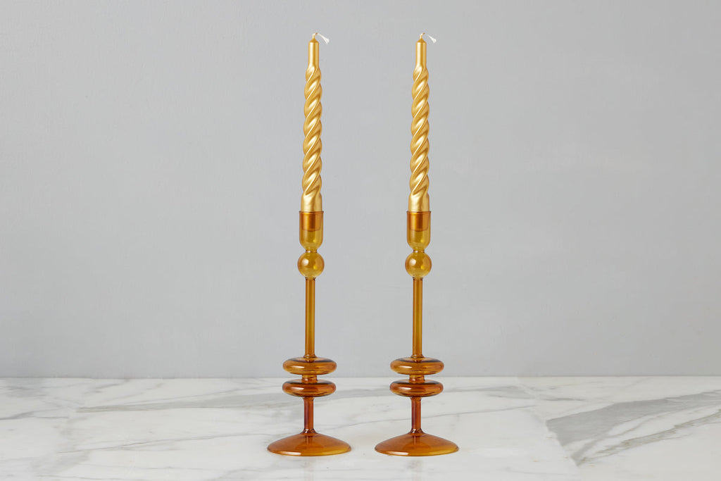 Amber Glass Candlestick Pair