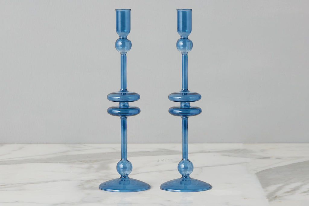 Sapphire Glass Candlestick Pair