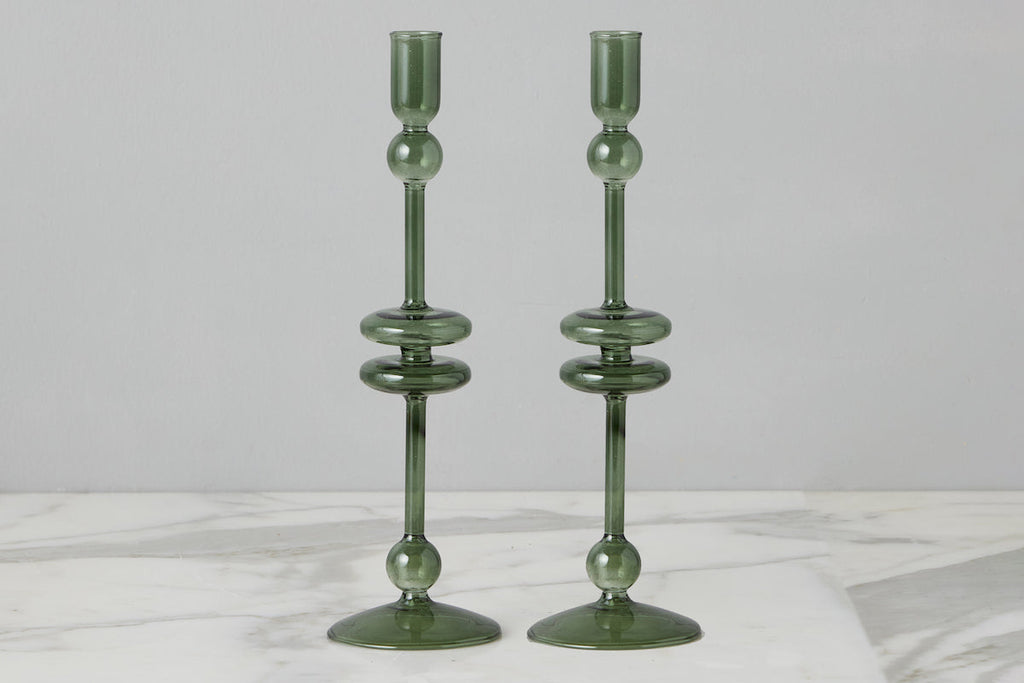 Emerald Glass Candlestick Pair