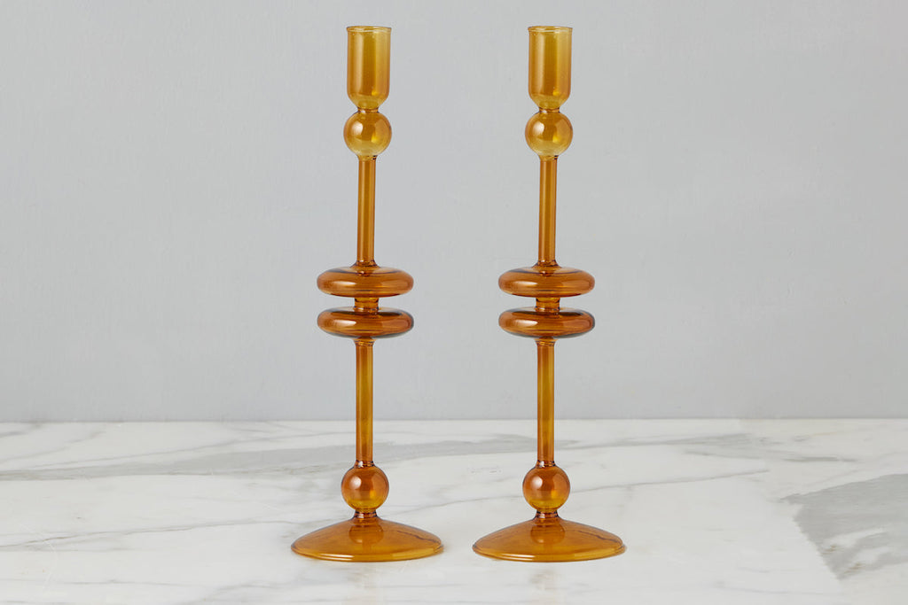 Amber Glass Candlestick Pair