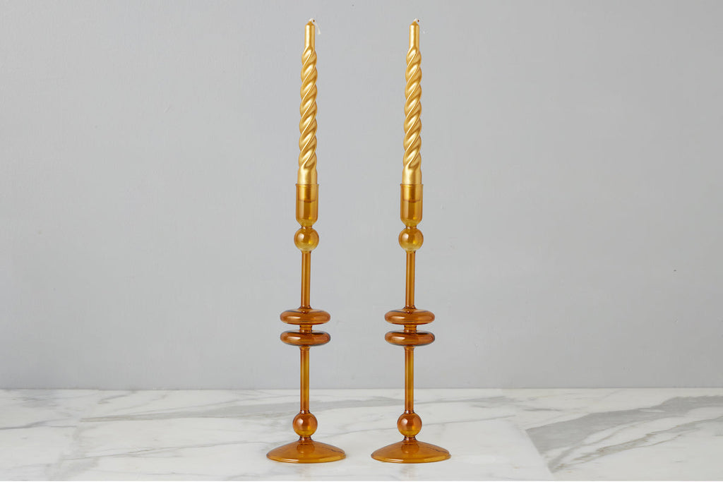 Amber Glass Candlestick Pair