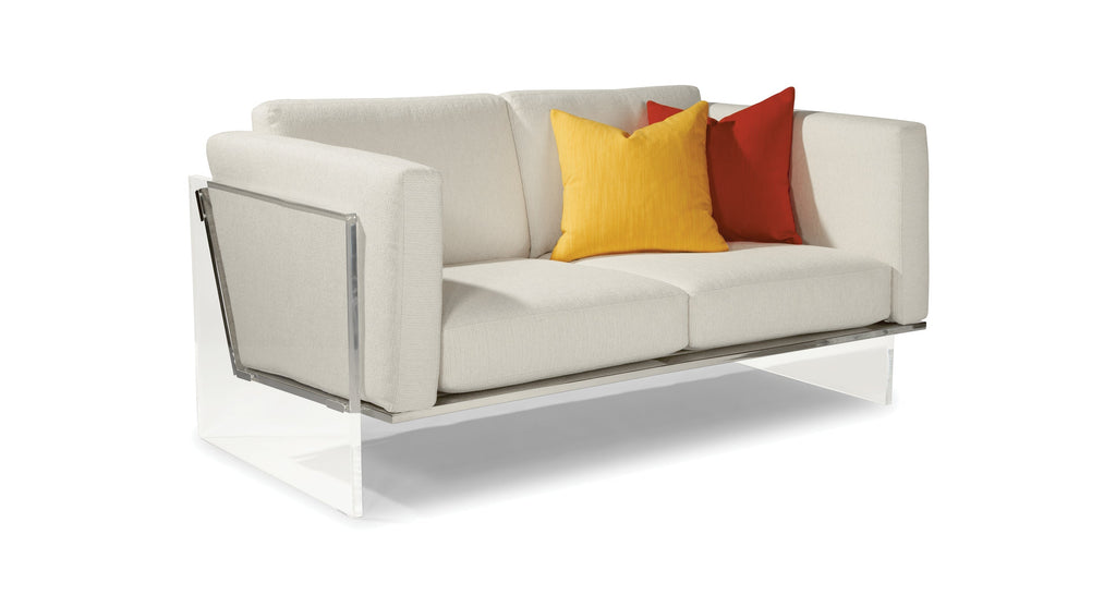 Get Smart Studio Sofa In Beige Fabric With Polished Stainless Steel And Acrylic Base