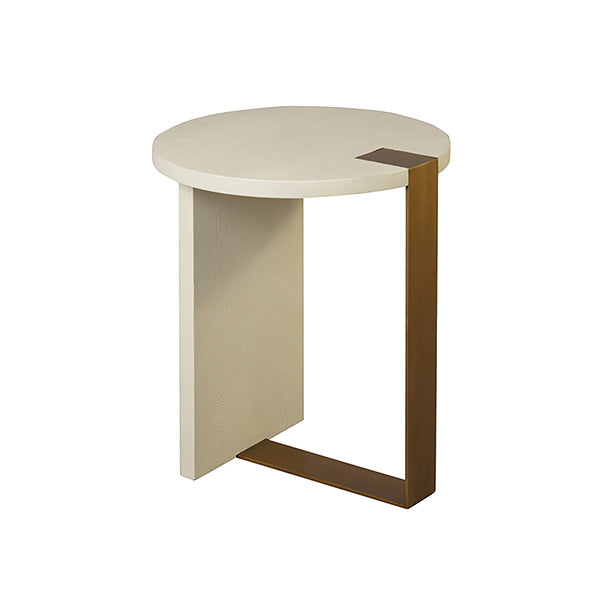 Round Side Table In Antique Brass And Cream Faux Shagreen