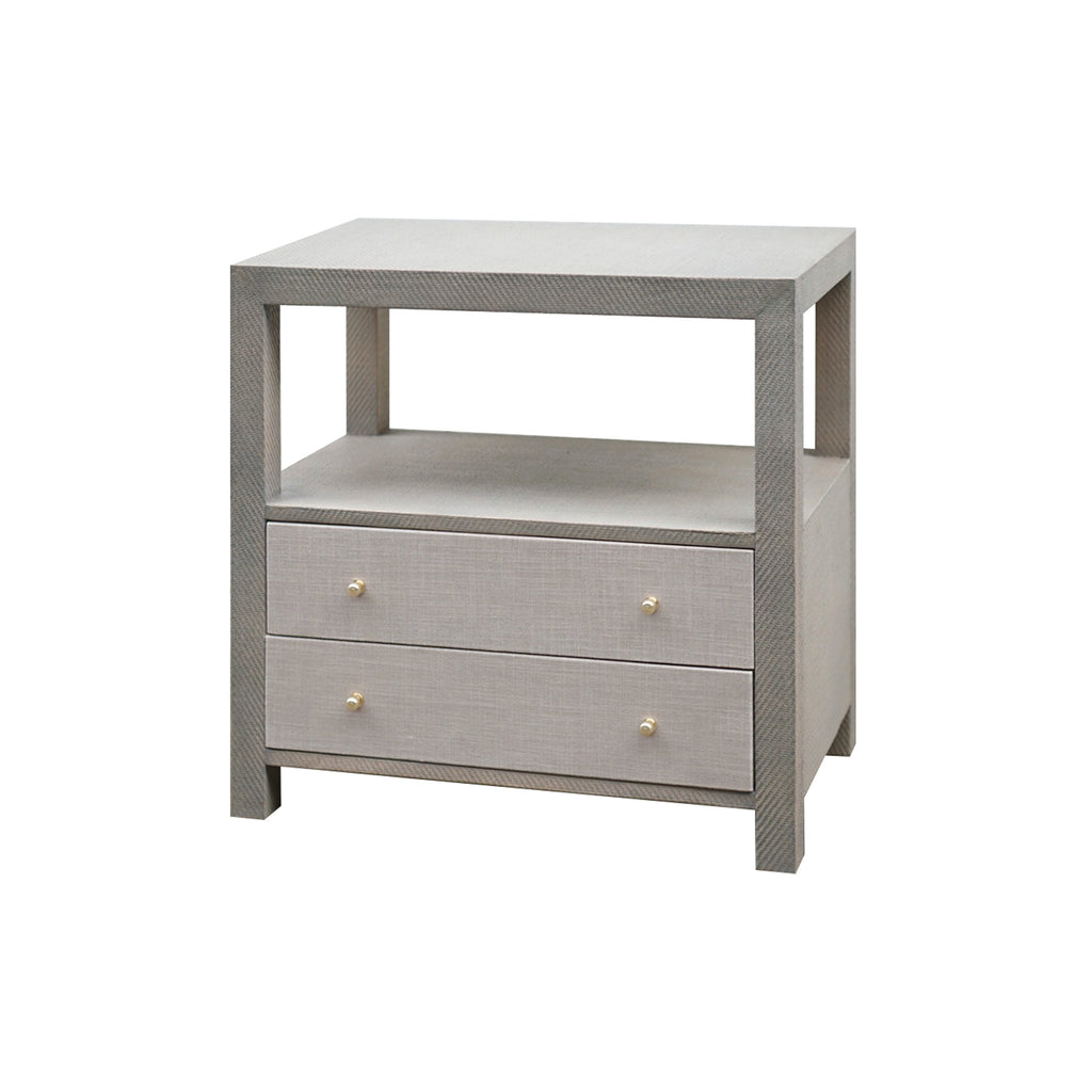 2 Door Side Table In Grey Grasscloth With Brass Hardware