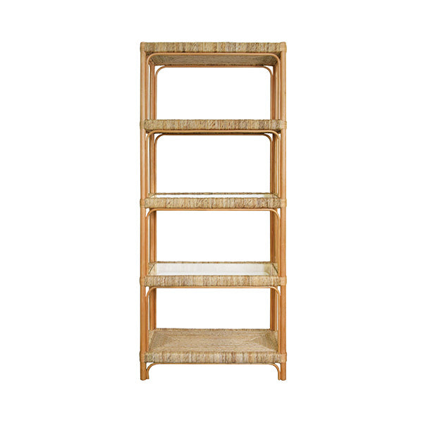 Rattan Etagere With Seagrass Wrapped And Clear Glass Shelves