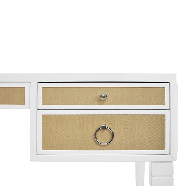 White Matte Lacquer Desk With Grasscloth Drawer