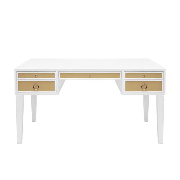 White Matte Lacquer Desk With Grasscloth Drawer