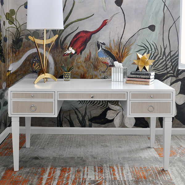 White Matte Lacquer Desk With Grasscloth Drawer