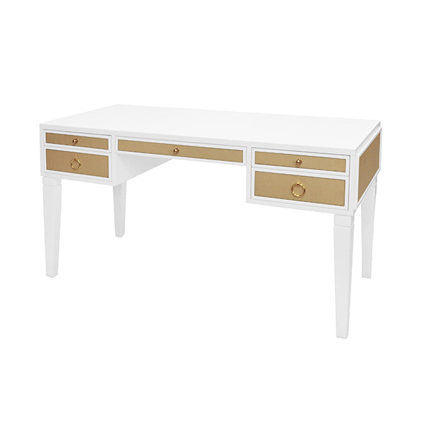 White Matte Lacquer Desk With Grasscloth Drawer