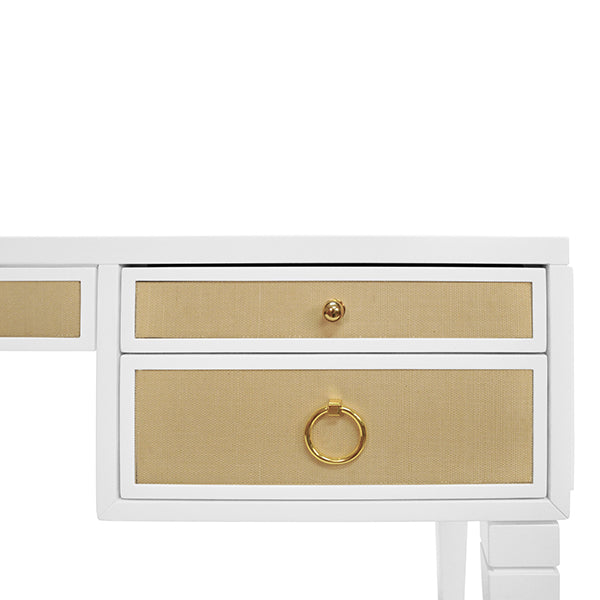 White Matte Lacquer Desk With Grasscloth Drawer