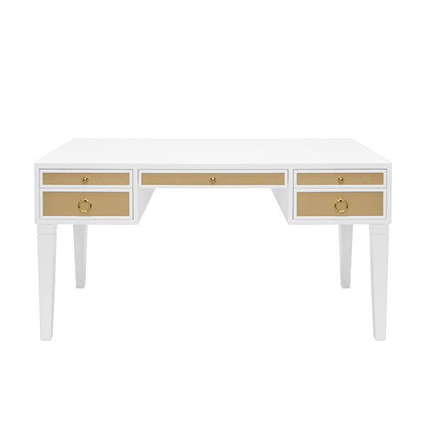 White Matte Lacquer Desk With Grasscloth Drawer