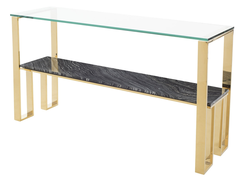 Tierra Console Table - Black Wood Vein with Polished Gold Base