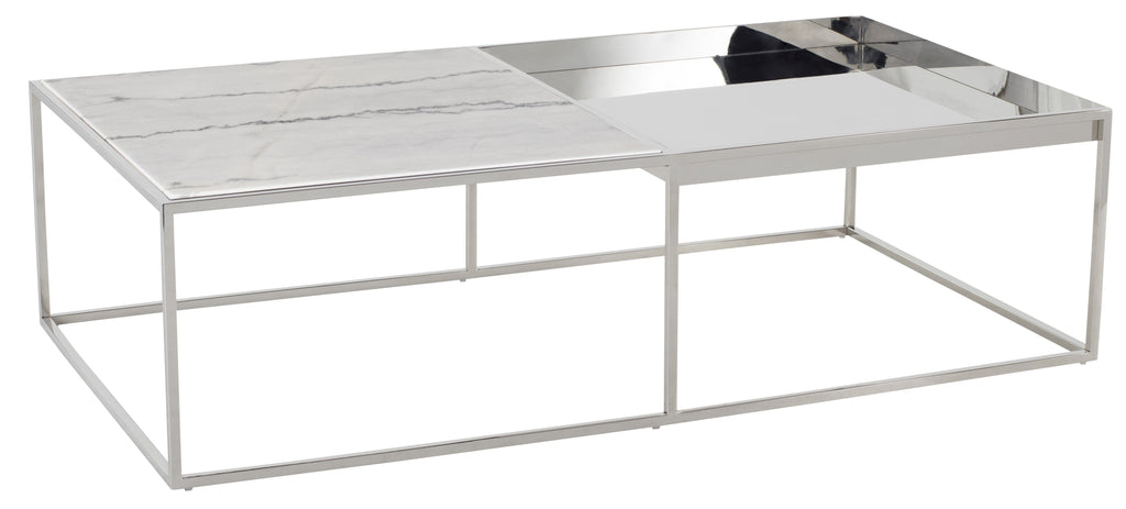 Corbett Coffee Table - White Marble Top, Polished Stainless Steel Base, 55"