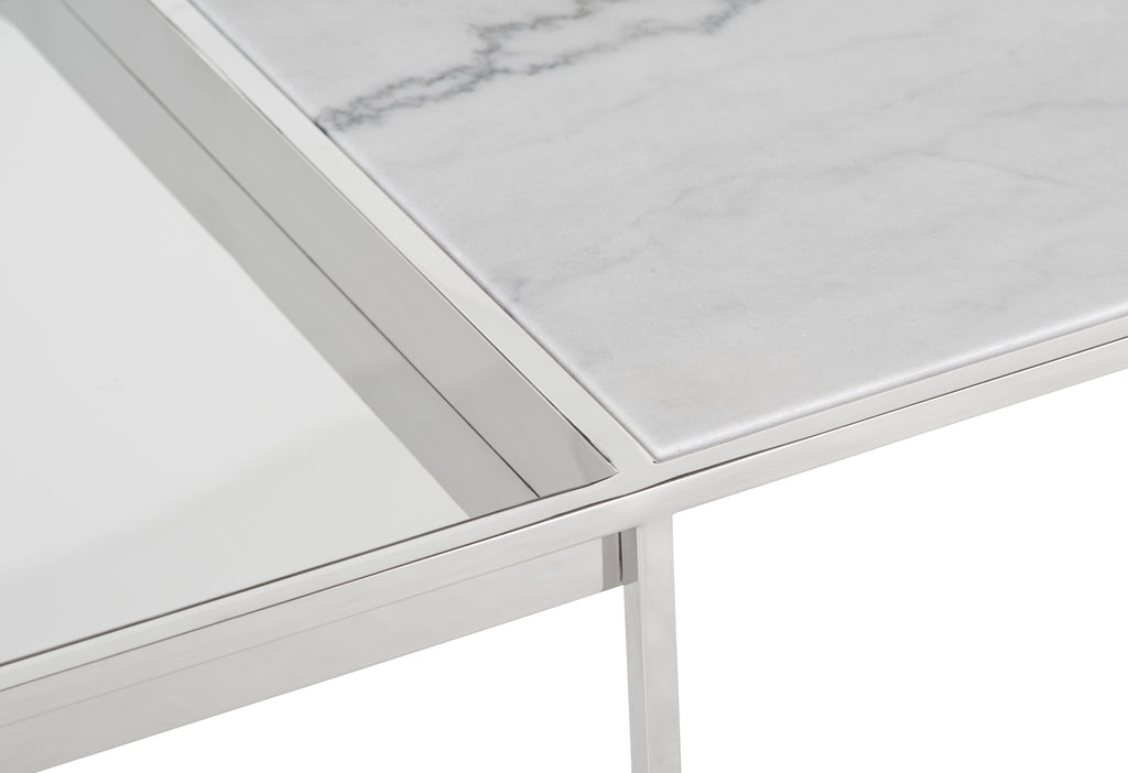 Corbett Coffee Table - White Marble Top, Polished Stainless Steel Base, 55"