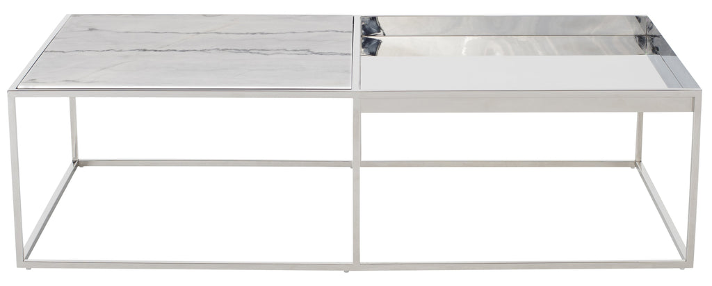 Corbett Coffee Table - White Marble Top, Polished Stainless Steel Base, 55"