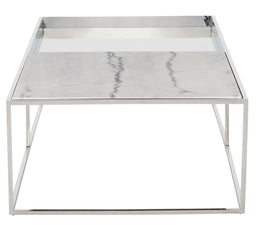 Corbett Coffee Table - White Marble Top, Polished Stainless Steel Base, 55"