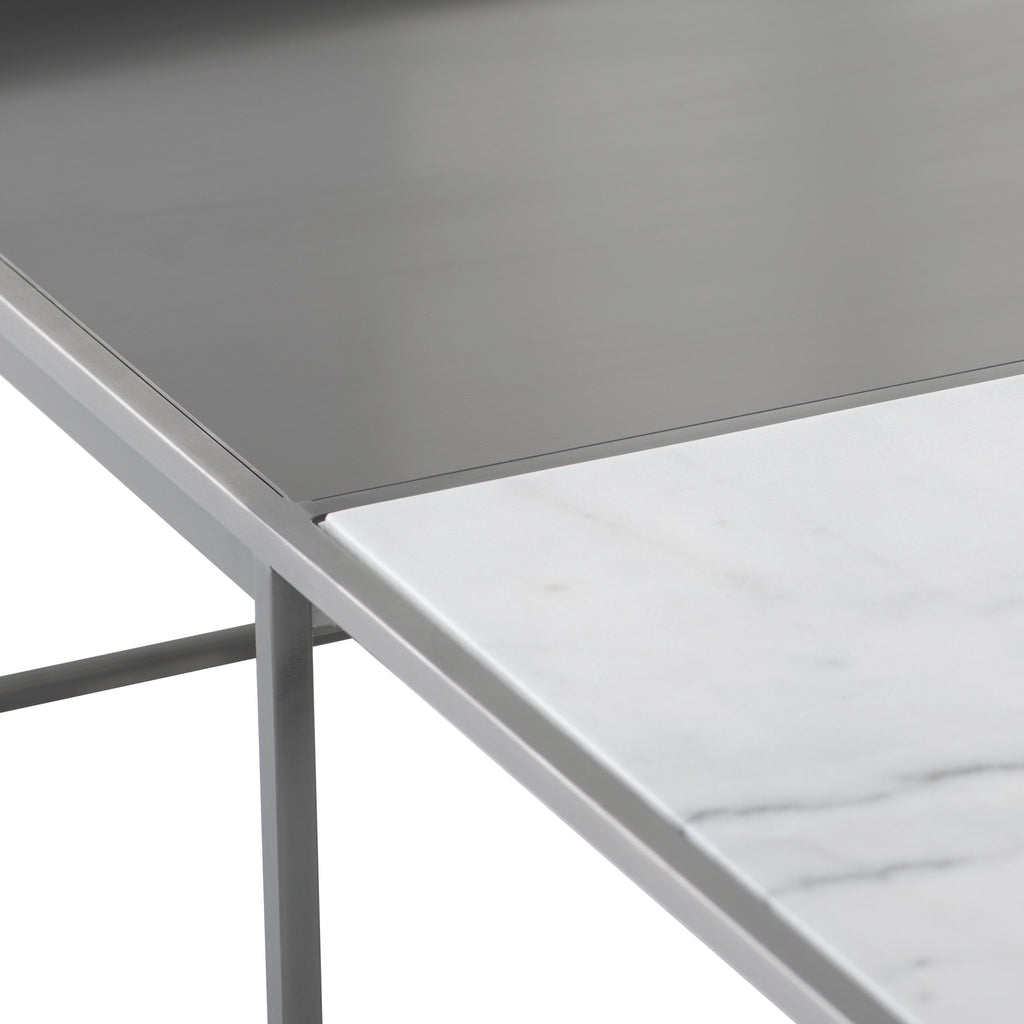 Corbett Coffee Table - White Marble Top, Brushed Stainless Steel Base, 55"