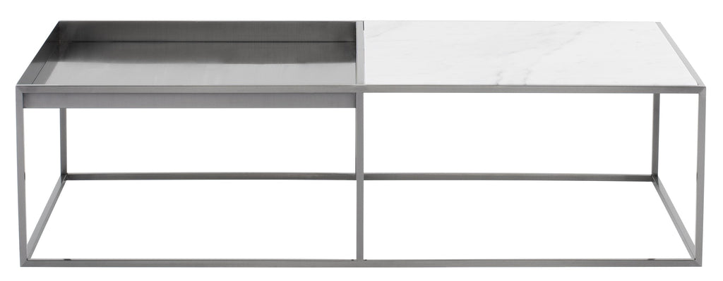 Corbett Coffee Table - White Marble Top, Brushed Stainless Steel Base, 55"