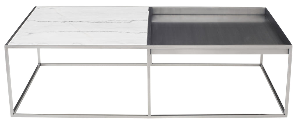 Corbett Coffee Table - White Marble Top, Brushed Stainless Steel Base, 55"