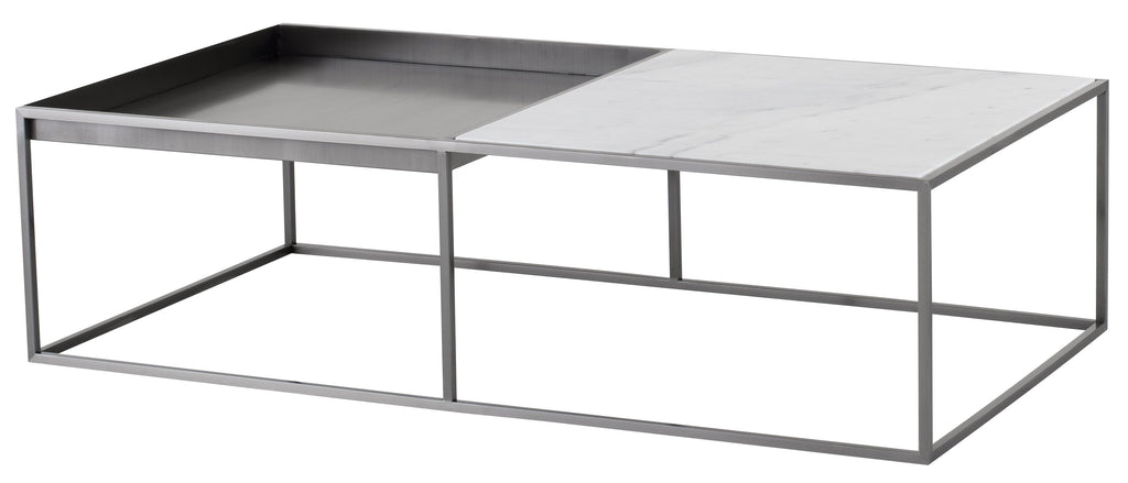 Corbett Coffee Table - White Marble Top, Brushed Stainless Steel Base, 55"