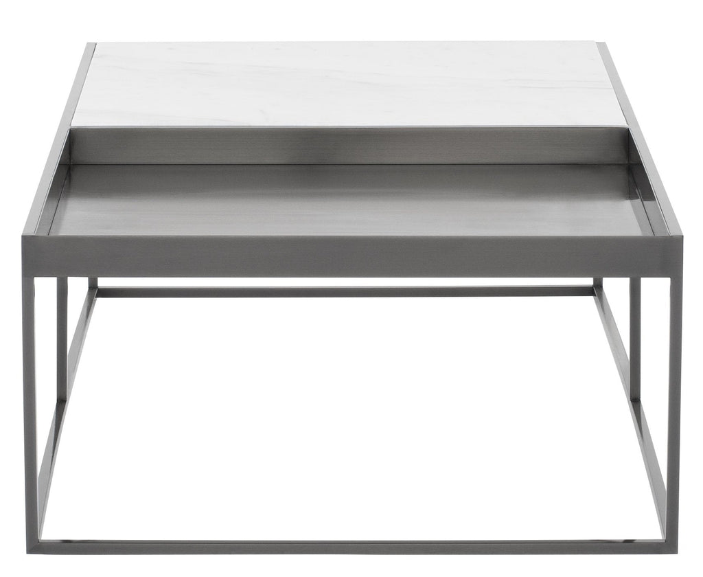 Corbett Coffee Table - White Marble Top, Brushed Stainless Steel Base, 55"