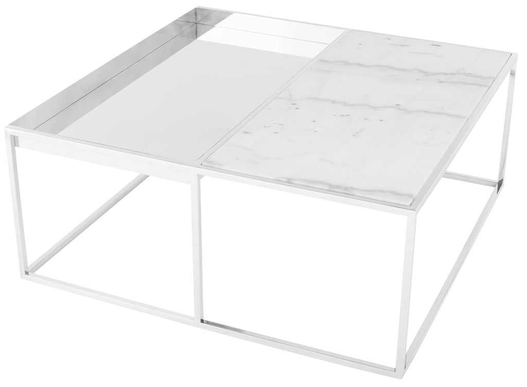 Corbett Coffee Table - White Marble Top, Polished Stainless Steel Base, 36"