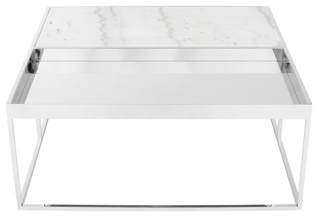 Corbett Coffee Table - White Marble Top, Polished Stainless Steel Base, 36"