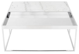 Corbett Coffee Table - White Marble Top, Polished Stainless Steel Base, 36"