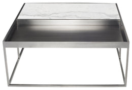 Corbett Coffee Table - White Marble Top, Brushed Stainless Steel Base, 36"