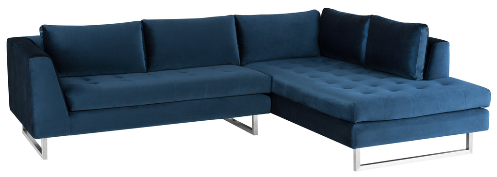 Janis Sectional Sofa - Midnight Blue with Brushed Stainless Legs, Right
