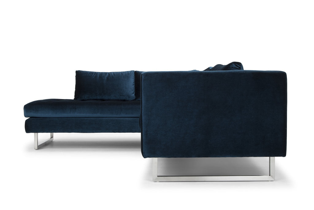Janis Sectional Sofa - Midnight Blue with Brushed Stainless Legs, Left