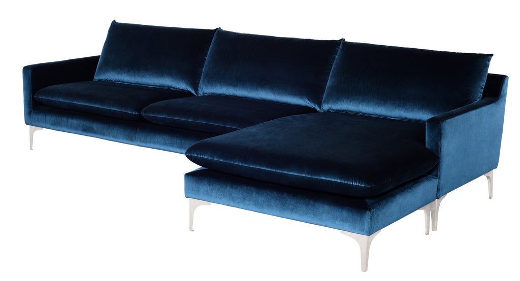 Anders Sectional Sofa - Midnight Blue with Brushed Stainless Legs , 117.8in