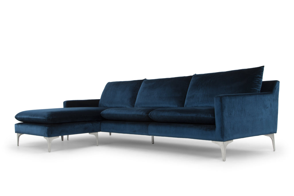 Anders Sectional Sofa - Midnight Blue with Brushed Stainless Legs , 117.8in