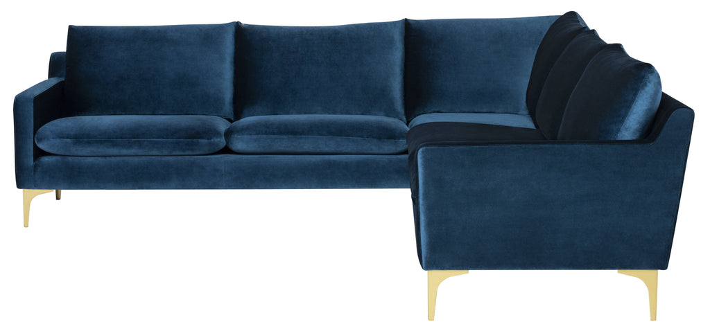Anders Sectional Sofa - Midnight Blue with Brushed Gold Legs, 103.8in
