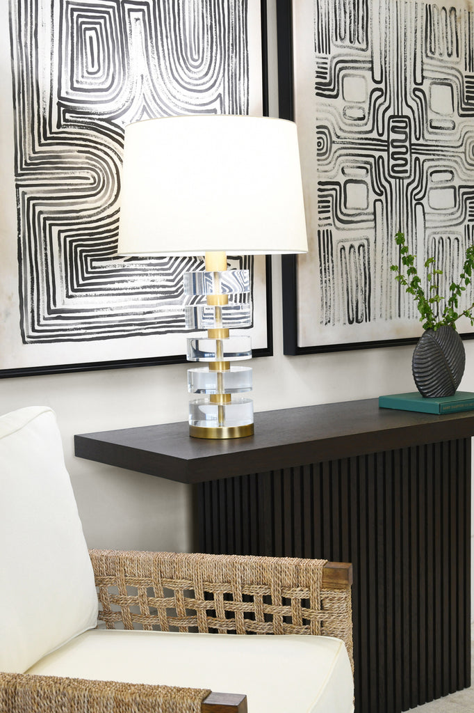 Acrylic And Brushed Brass Stack Lamp With White Linen Shade