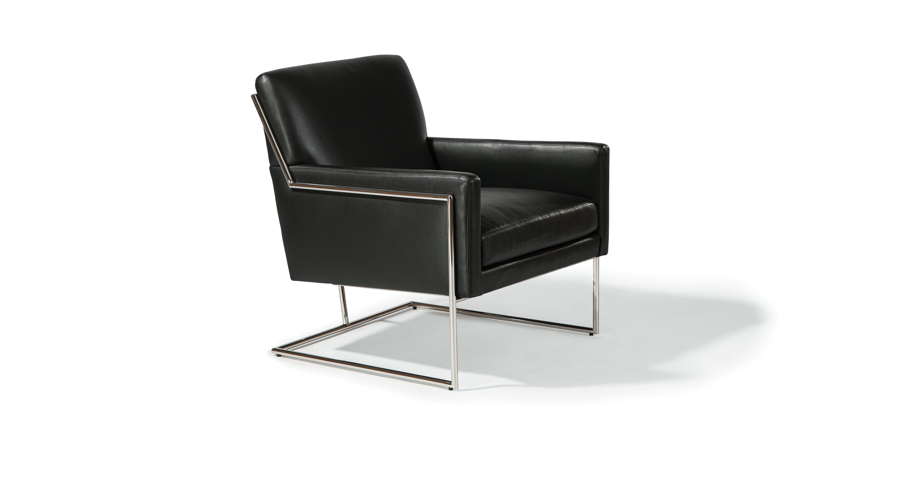 Hi-Wire Lounge Chair In Black Leather With Polished Stainless Steel Frame