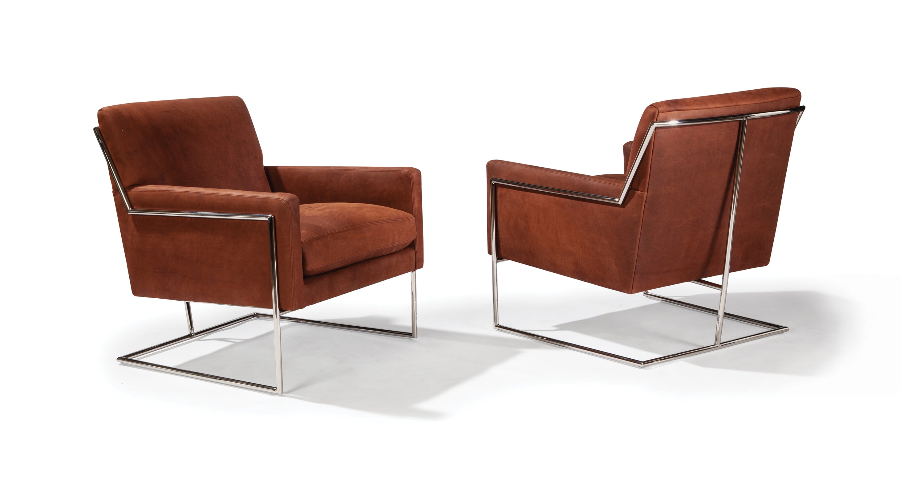 Hi-Wire Lounge Chair In Brown Leather With Polished Stainless Steel Frame