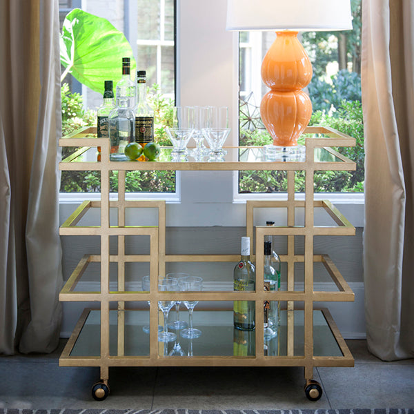 Gold Leaf Linear Bar Cart With Mirror Shelves