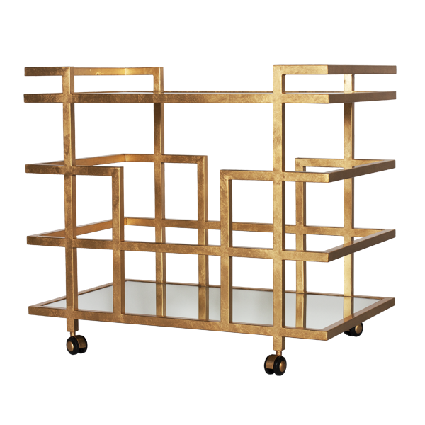 Gold Leaf Linear Bar Cart With Mirror Shelves