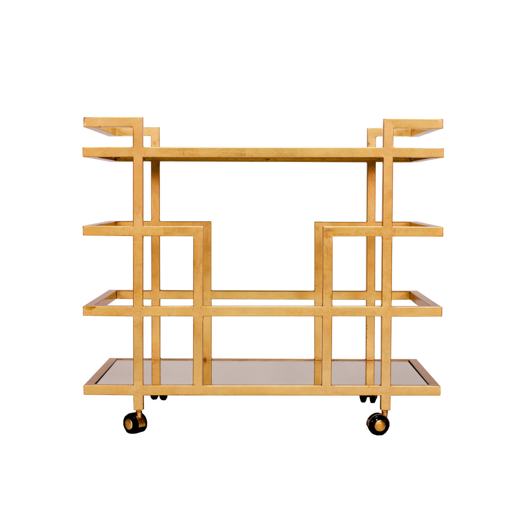 Gold Leaf Linear Bar Cart With Mirror Shelves