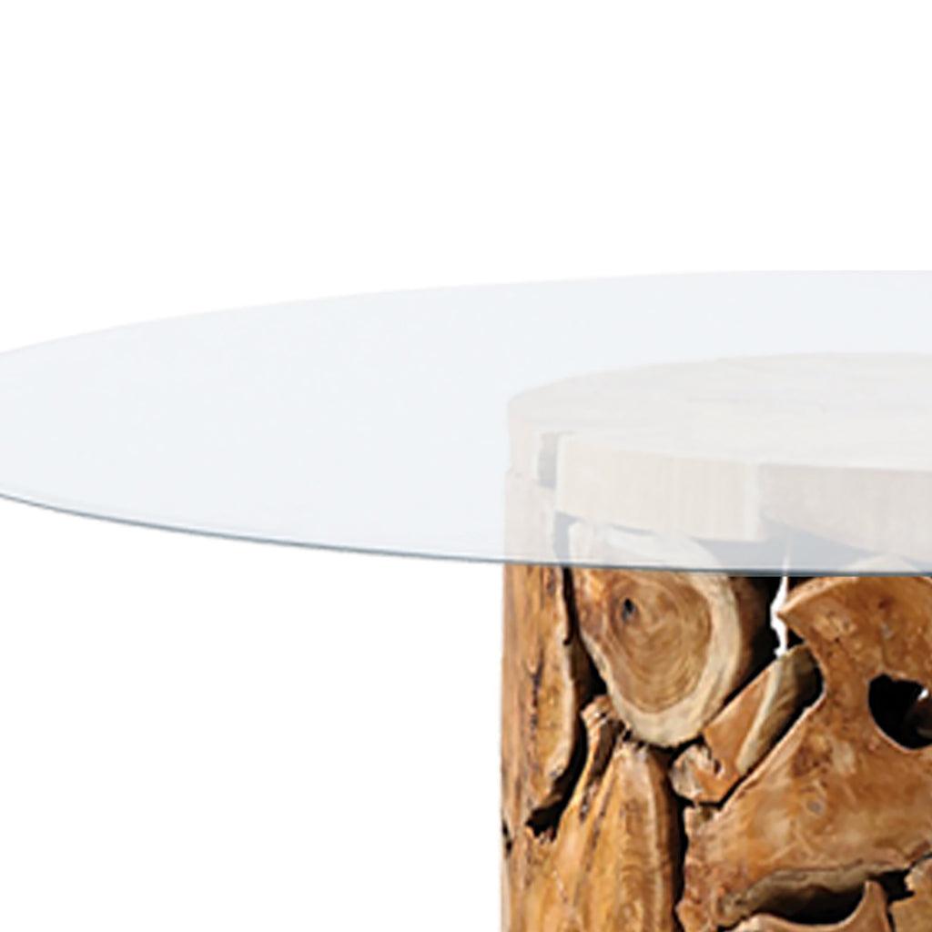 Scarlett 60" Round Natural Teak Root Pedestal Base Glass Top Dining Table