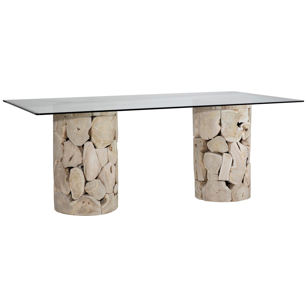 Scarlett 79" Rectangular Bleached Teak Root Double Pedestal Base Glass Top Dining Table