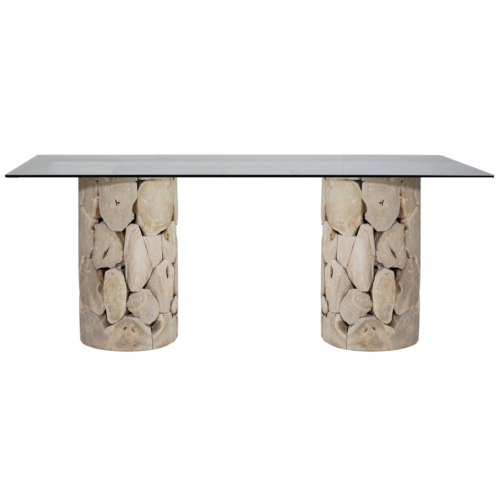Scarlett 79" Rectangular Bleached Teak Root Double Pedestal Base Glass Top Dining Table
