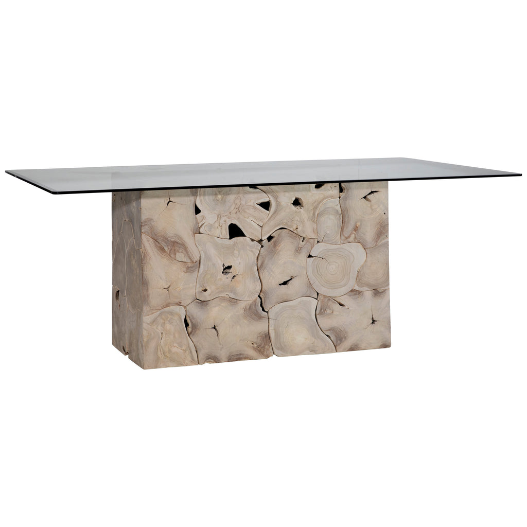 Scarlett 79" Rectangular Bleached Teak Root Pedestal Base Glass Top Dining Table