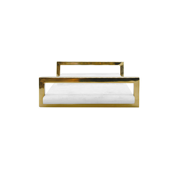 White Quartz Tray With Brass Handles