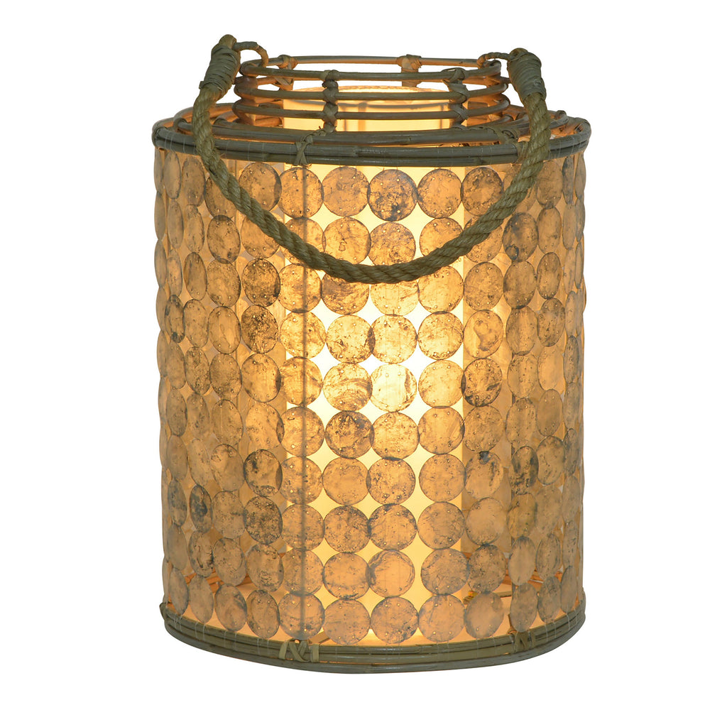 Spiro Capiz Shell, Rattan, and Rope Round Double Shade Table Lamp, 16" High