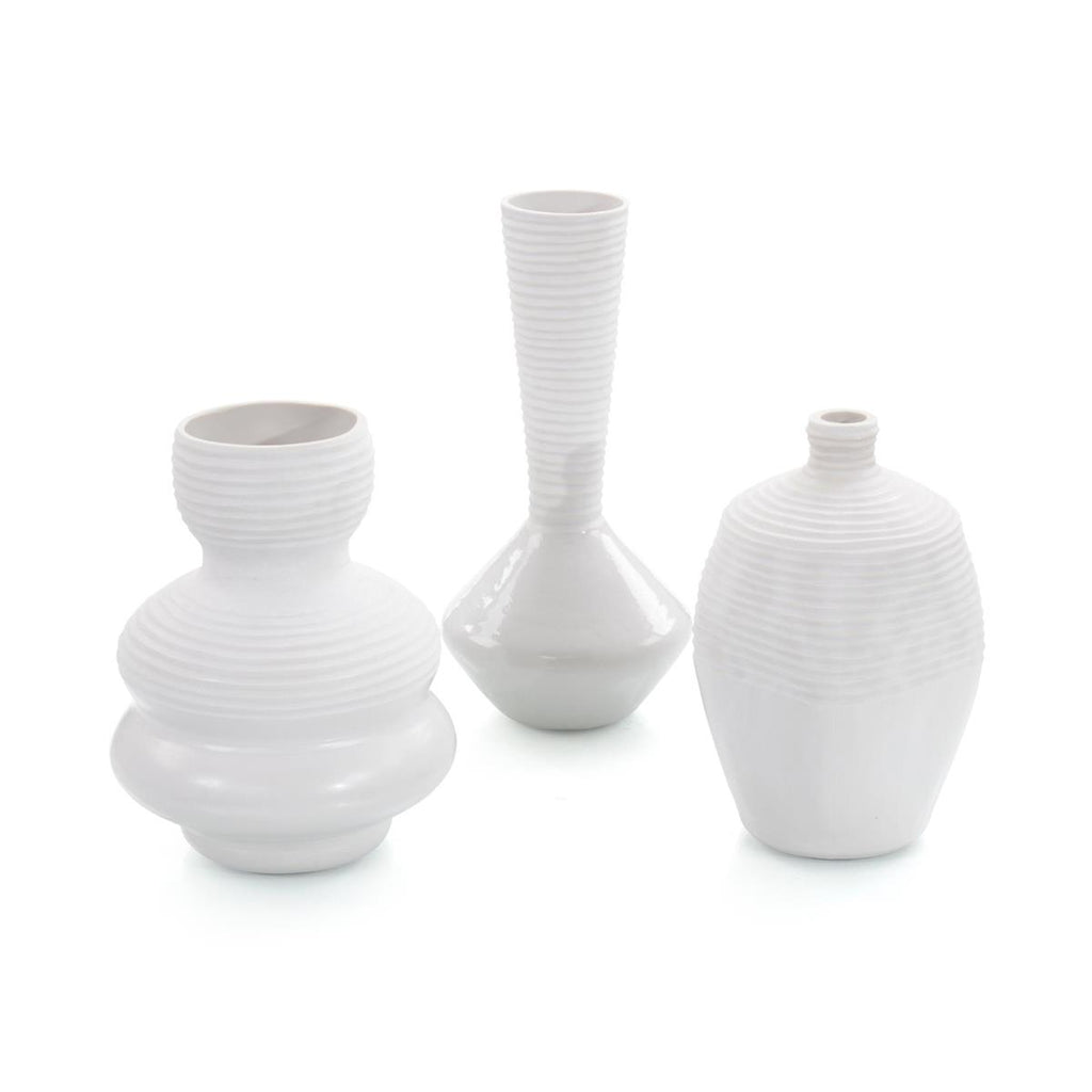 Set Of Three White Chiseled Vases