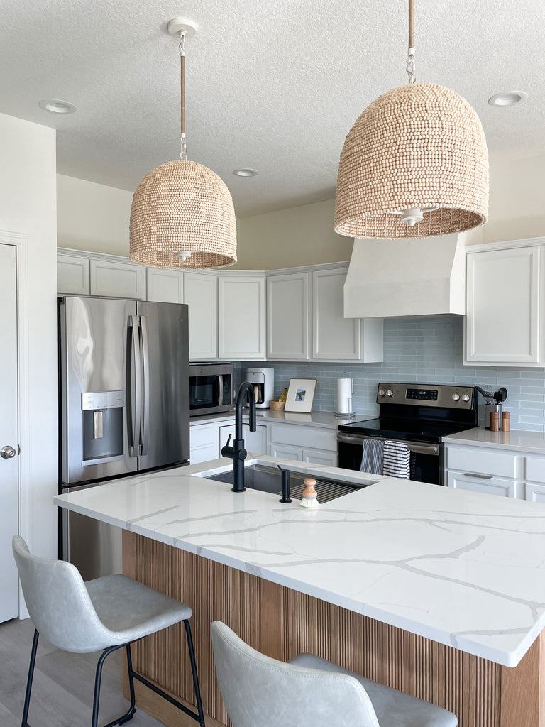 Jasper 3 Light Pendant, Matte White with Natural Wood Beads Shade