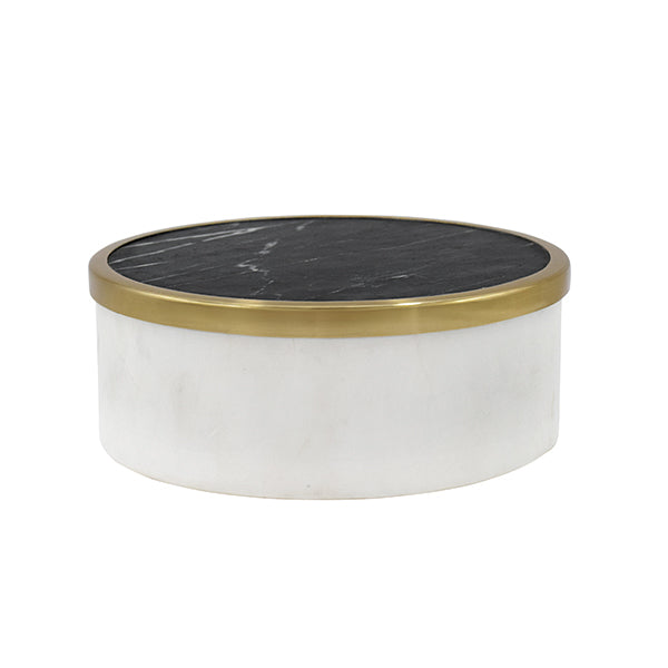 White Marble Container With Black Marble Top With Brass Rim